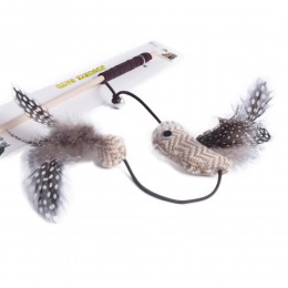 Eko zabawka wędka dla kota z piórkami i ptaszkiem na kiju
