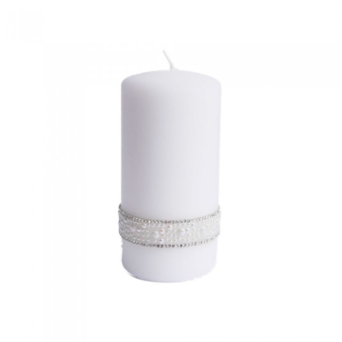 CRYSTAL świeca z perełkami i cyrkoniami biała walec średni wys. 14 cm