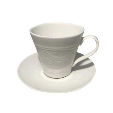 Porcelanowa filiżanka ze spodkiem do kawy i herbaty biała KORONKA