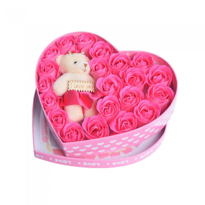 Prezent na Walentynki flowerbox ciemno różowe róże w pudelku z misiem LOVE