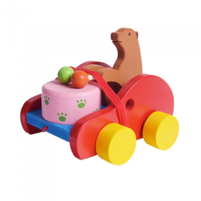Ciągacz Miś z bębenkiem drewniana zabawka do ciągnięcia dla dzieci