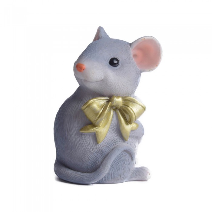 Siedząca szara myszka z kokardką mysz skarbonka na prezent urodziny