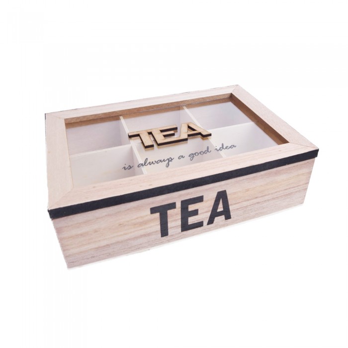 Drewniane pudełko na herbatę z 6 przegródkami TEA czarne