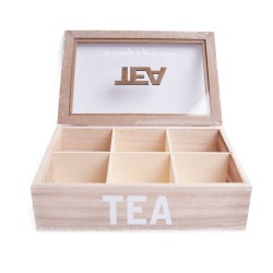 Drewniane pudełko na herbatę z 6 przegródkami TEA białe