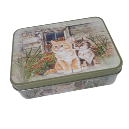 Prostokątna puszka metalowa z wieczkiem w kotki / pudełko pojemnik kot