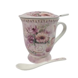Ceramiczny kubek zaparzacz 300 ml z łyżeczką i pokrywką RÓŻOWE KWIATY, zdjęcie 3