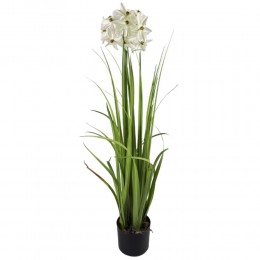 Sztuczna trawa w doniczce z białym kwiatem 68 cm / sztuczna roślina