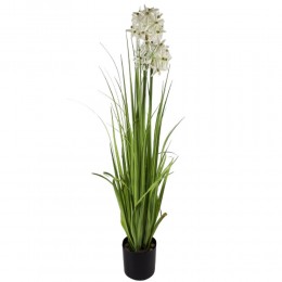 Sztuczna trawa w doniczce z białym kwiatem 90 cm / sztuczna roślina