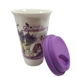 Ceramiczny kubek z silikonową przykrywką 400 ml na prezent LAWENDA