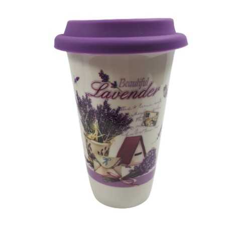 Ceramiczny kubek z silikonową przykrywką 400 ml na prezent LAWENDA