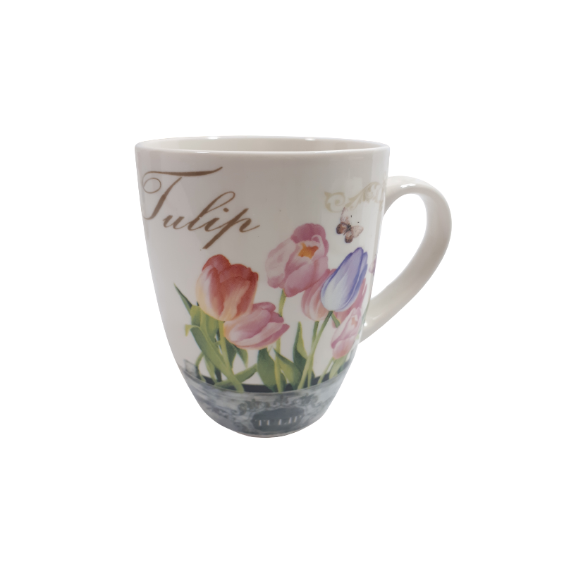 Biały ceramiczny kubek na kawę herbatę 400 ml TULIPANY tulipan