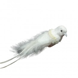 Dekoracyjny biały ptaszek na klipsie z piórkami 15 cm na ślub choinkę