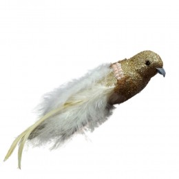 Dekoracyjny złoty ptaszek na klipsie z piórkami 15 cm na ślub choinkę