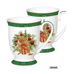 Dwa kubki świąteczne z łyżeczkami poj. 280ml kolor biało-zielony