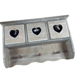 Drewniana półka z szufladkami i 3 haczykami shabby chic, zdjęcie 5