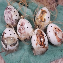 Komplet jajek pisanek decoupage KRÓLIK zajączki z piórkami 6 sztuk