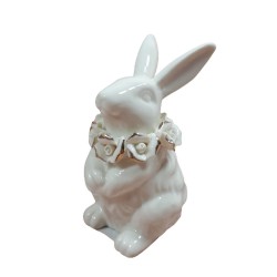 Ceramiczna figurka wielkanocna kicający królik z kwiatkami