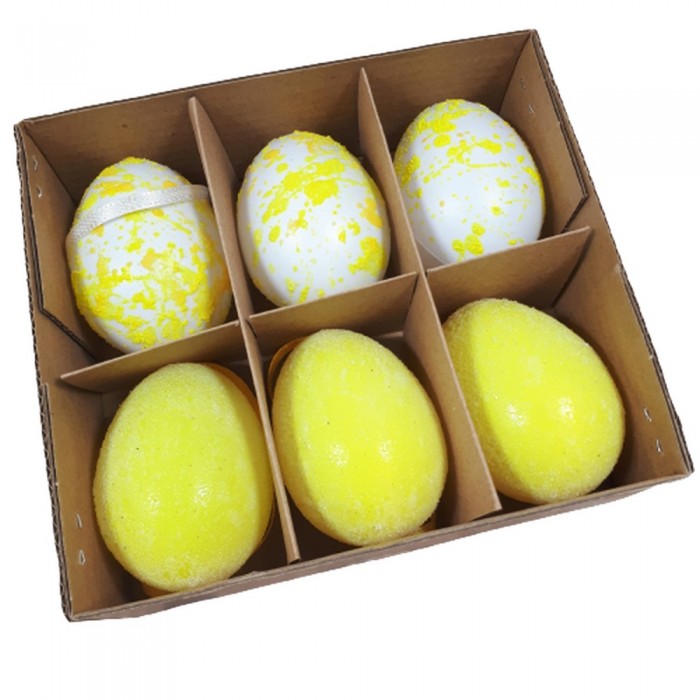 Żółte jajka plastikowe nakrapiane z zawieszką 6 sztuk