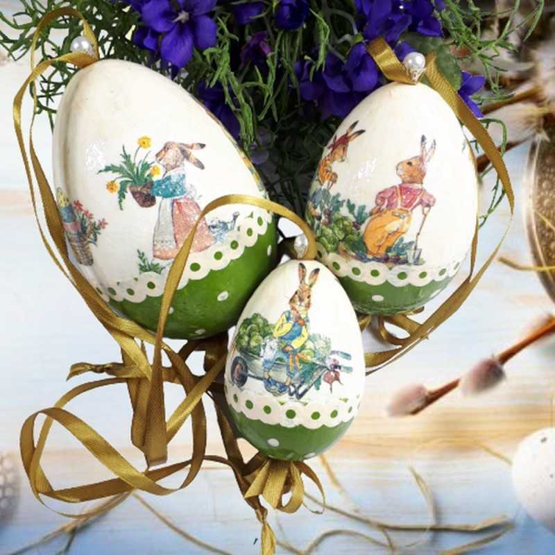 Zestaw Jajek Decoupage z Zającami - Ręczna Robota na Wielkanoc