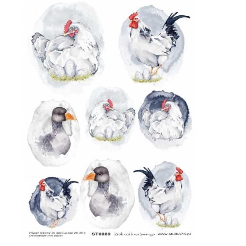 Papier ryżowy do decoupage z wielkanocnymi motywami: kura, kogut i gęś