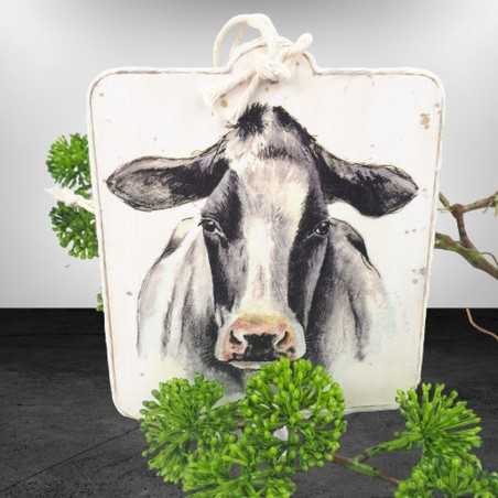 Zawieszka ze sklejki z motywem czarnej krowy Decoupage