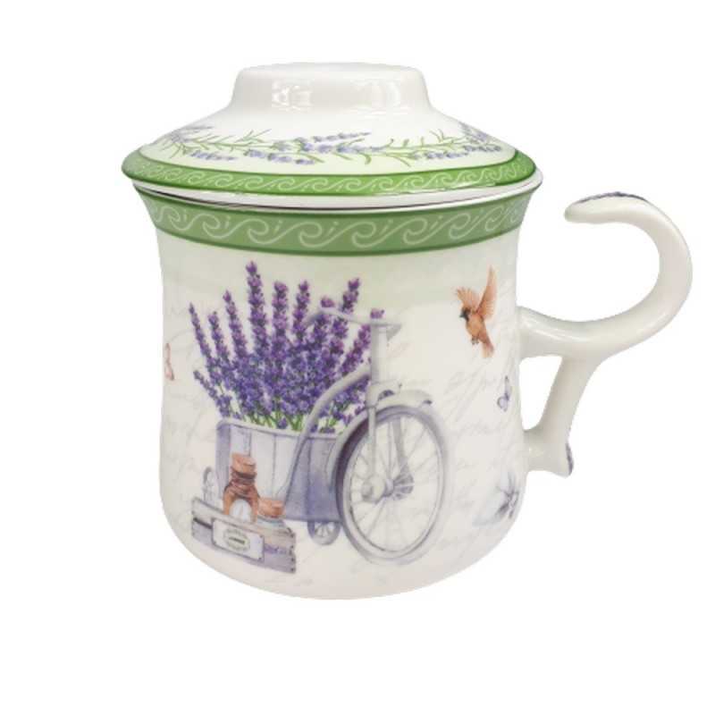 Porcelanowy kubek z zaparzaczem do herbaty ziółek 300ml w motywie lawendy