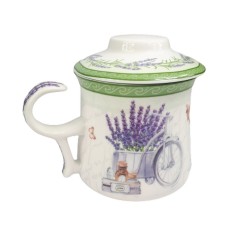 Porcelanowy kubek z zaparzaczem do herbaty ziółek 300ml w motywie lawendy