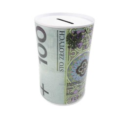 Skarbonka metalowa puszka nieotwierana prezent PLN 100 złotych 12x8cm