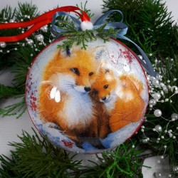 Decoupage świąteczna bombka akrylowa płaska z motywem lisa na prezent sprzedam, zdjęcie 3