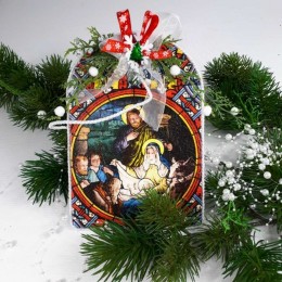 Decoupage deseczka świąteczna z motywem Świętej Rodziny u żłóbka