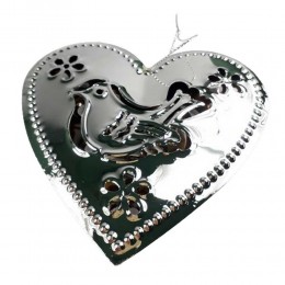 Srebrne serce metalowe z ptakiem zawieszka na choinkę ozdoba dekoracja