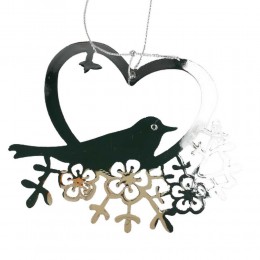Srebrny ptaszek metalowy na gałęzi z kwiatami zawieszka na choinkę ozdoba dekoracja