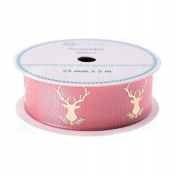 Wstążka tasiemka satynowa dpCraft Frosty Pink Jeleń Święta 25mm x 5m