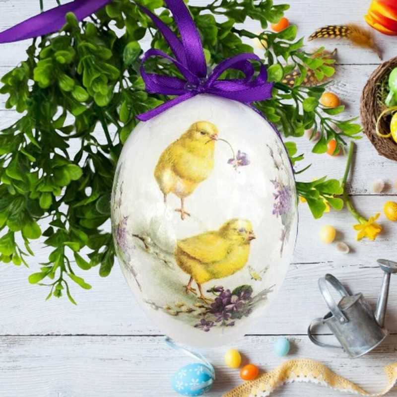 Pisanka jajko akrylowe decoupage sprzedam motyw Wielkanoc fiołki kurczaki