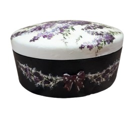 Imitacja styropianowa szkatułka wykonana metodą decoupage lawenda