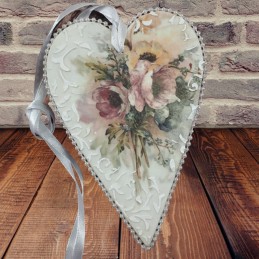 Drewniane serce decoupage z koralikami motyw ANEMONY KWIATY