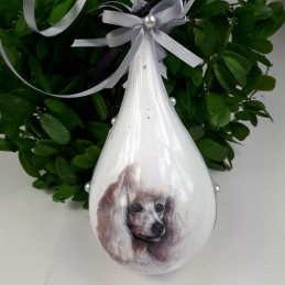 Rękodzieło bombka łezka decoupage z pudlem