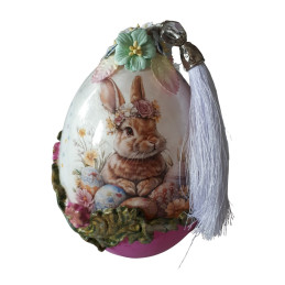 Duże jajko wielkanocne decoupage z zającem i chwostem, rękodzieło