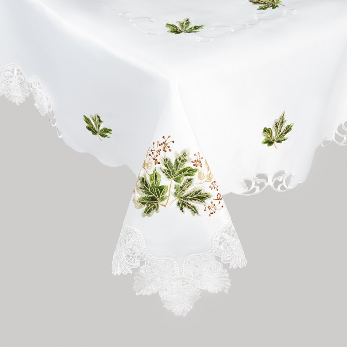 Duży biały obrus z gipiurą i haftem na stół LIŚCIE 150x220 cm